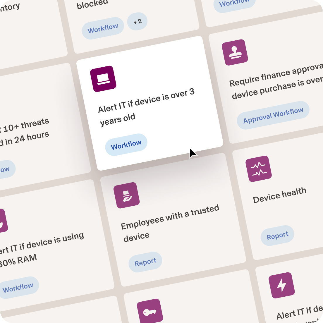 Grid interface showing IT management tiles with purple icons, including "Alert IT if device is over 3 years old" and workflow options.