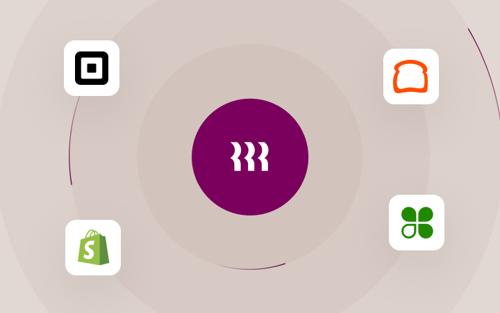 Purple circle with wavy lines surrounded by app icons including Square, Shopify, Toast and Clover on a beige background.