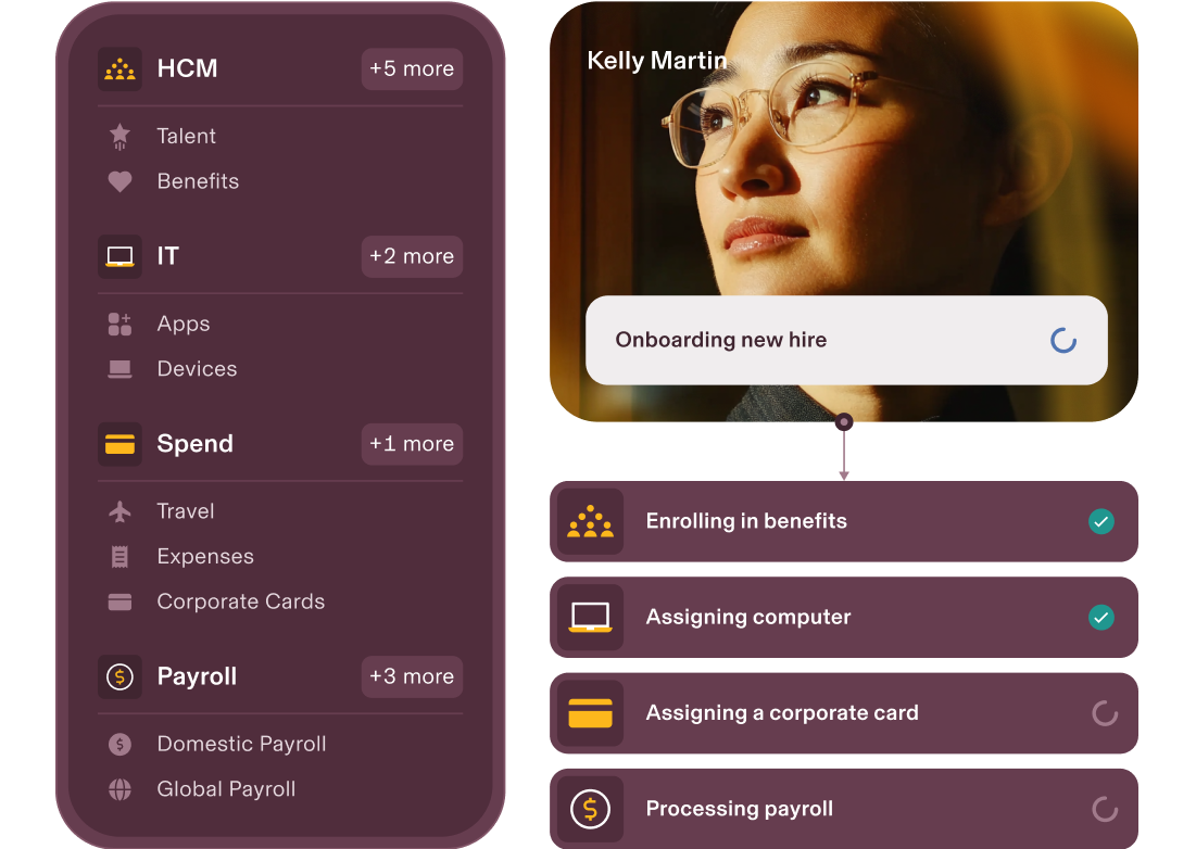 Graphic illustration of the menu of Rippling products on a phone, a photograph of a new employee and the steps in a new hire onboarding process