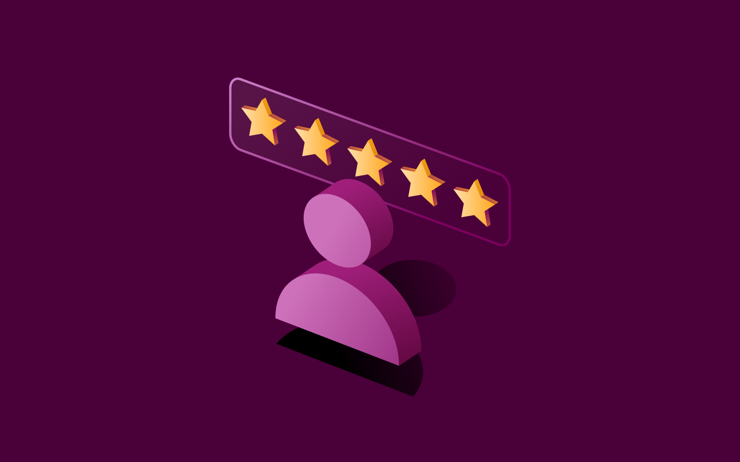 3D purple user icon with five gold stars rating above it on a deep purple background.