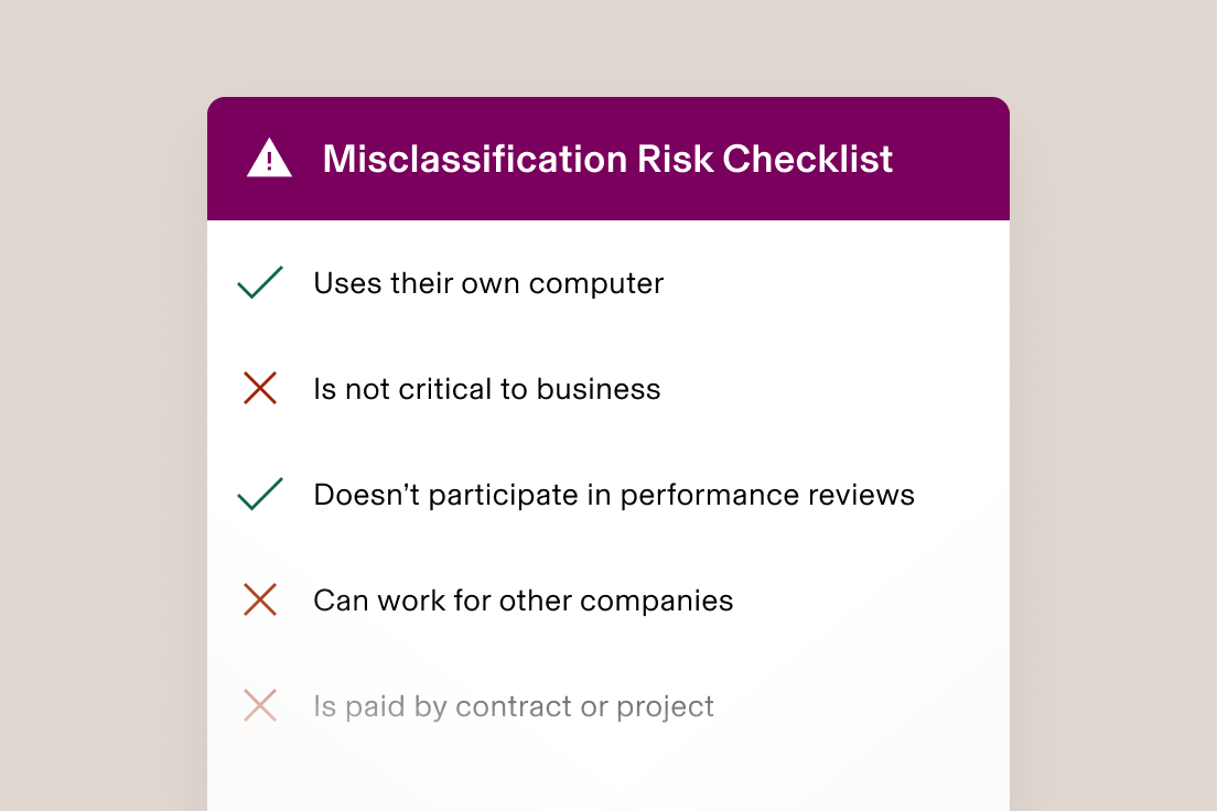 Flowchart showing contractor legal process: Termination, Legal Advice, and Misclassification Ruling & Fines on maroon background.