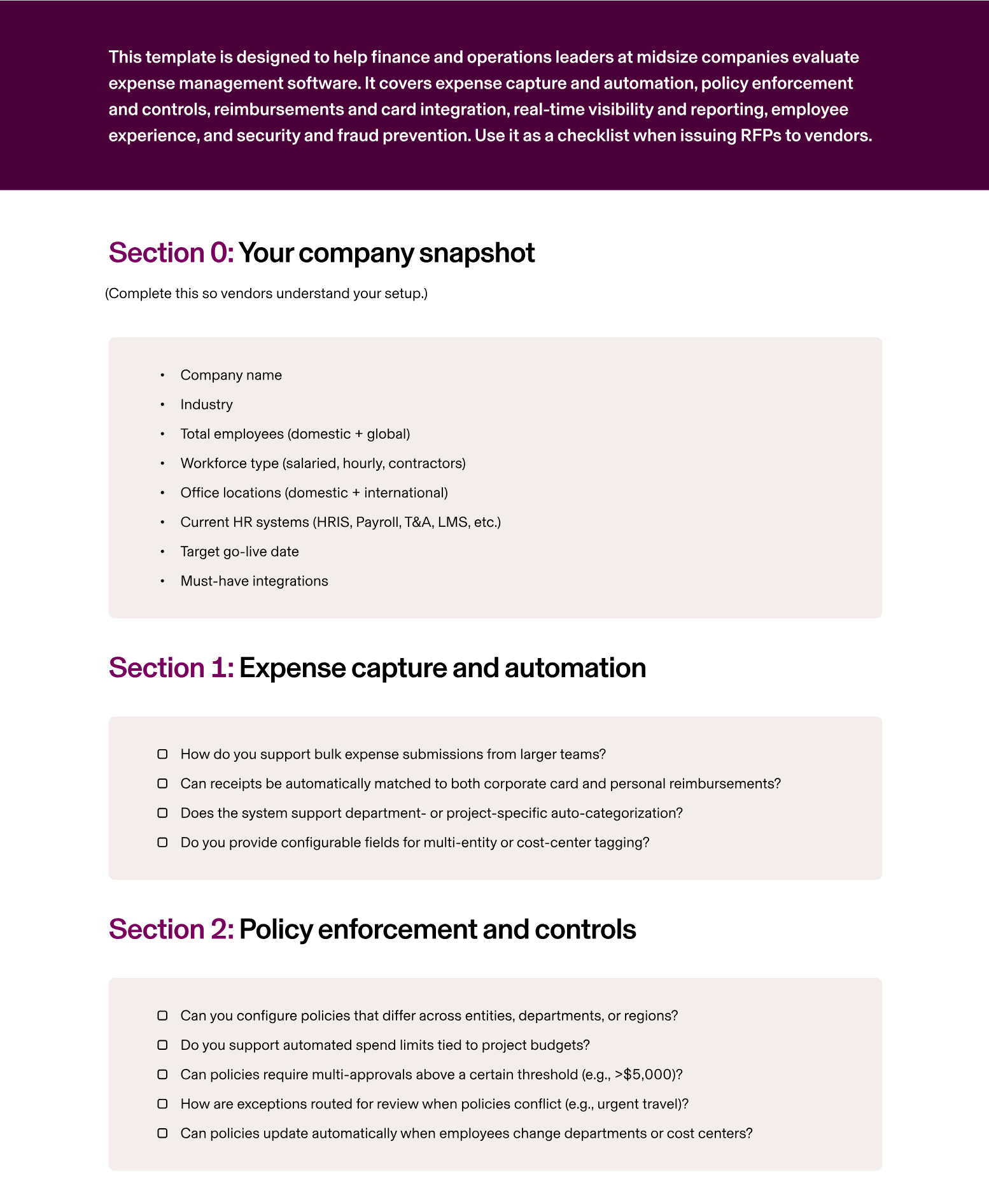 Preview of the Expense Management Software RFP Template for Midsize Businesses by Rippling. 