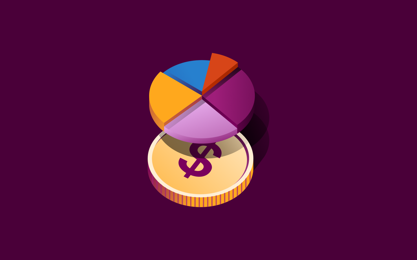 Colorful pie chart with five segments sitting atop a gold coin with dollar sign against a purple background