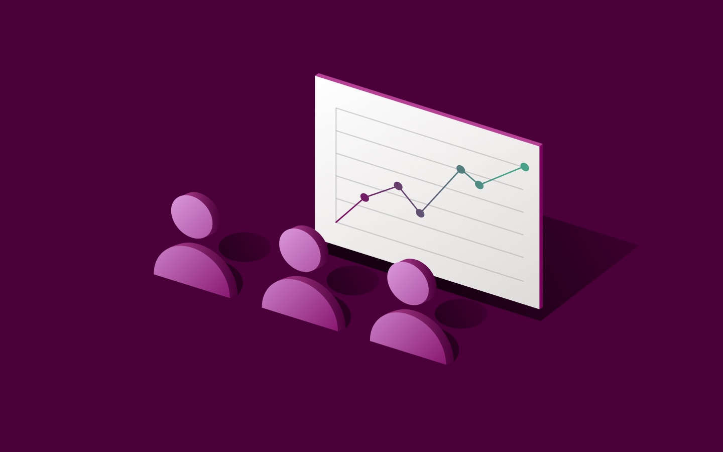 Isometric illustration of yellow semicircle figures representing people viewing a line graph chart on pale background.