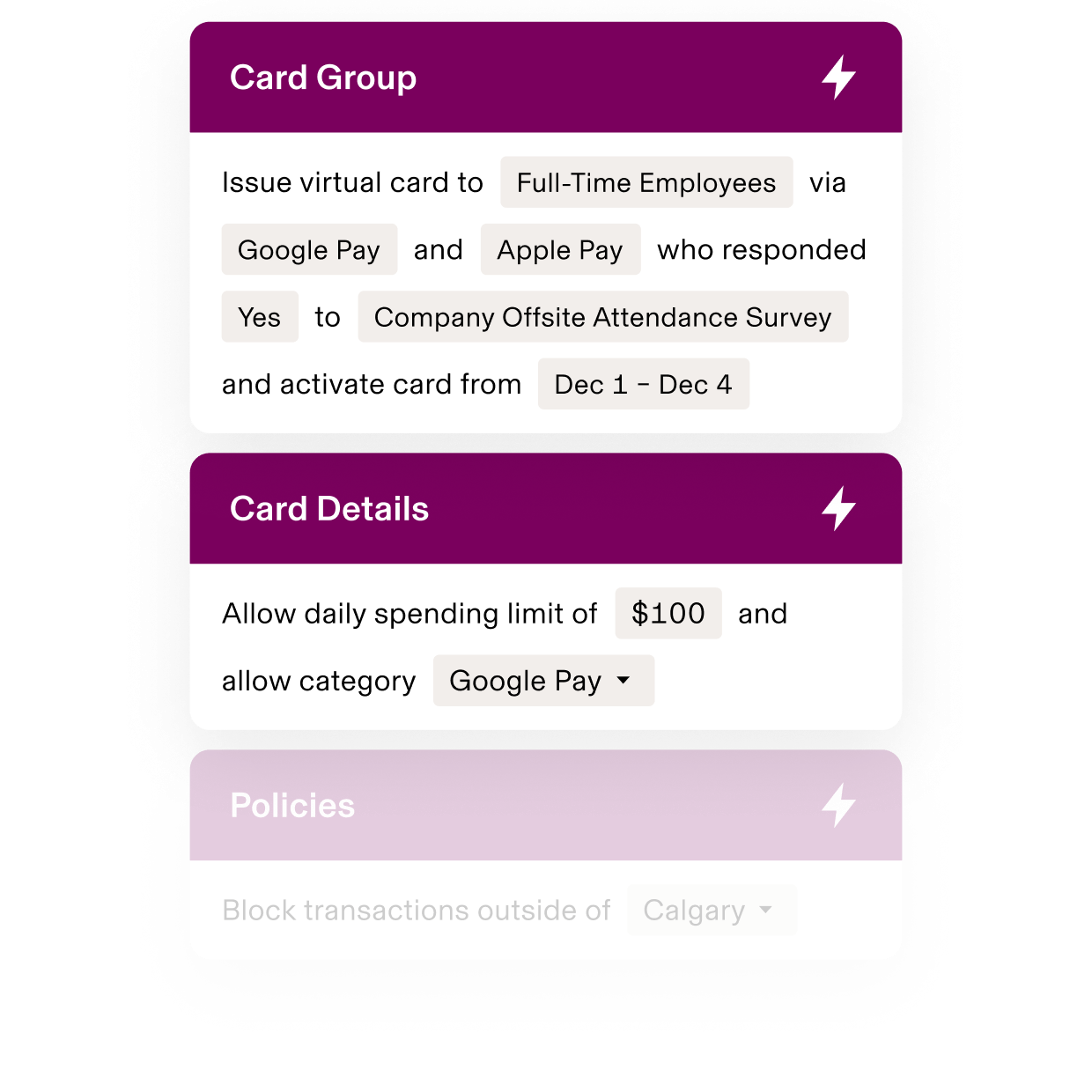 Mobile interface showing virtual card setup with $100 daily limit for employees who responded to company survey, valid Dec 1-4.