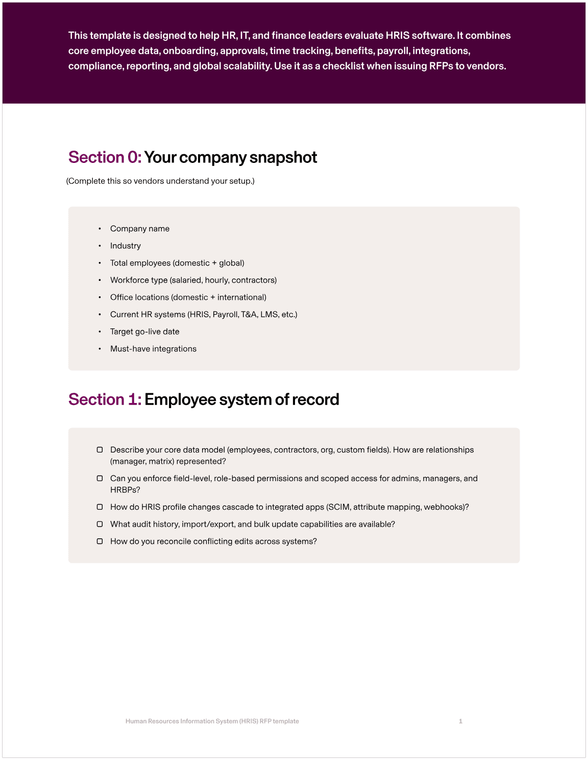 Preview of Rippling's HRIS RFP Template.