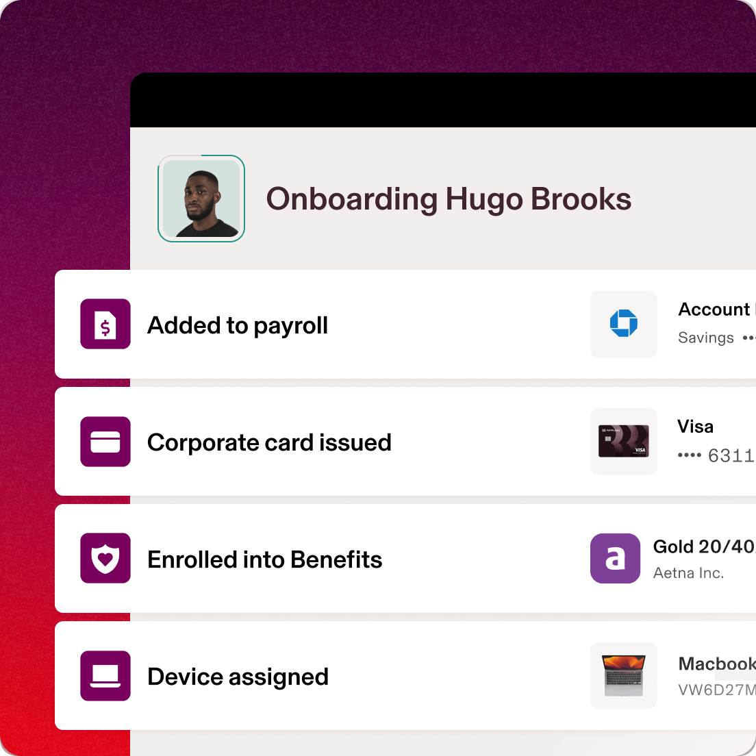 Screen in Rippling titled “Onboarding Hugo Brooks” with several steps including “Added to payroll”, “Company card issued”, “Enrolled into Benefits” and “Device assigned”