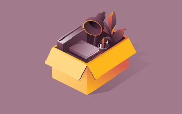 A graphic illustration of a cardboard box with a lamp, plant, books, and stationery inside