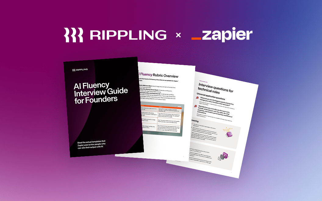 Graphic illustration of the Rippling and Zapier logos with a screenshot of three pages from a document titled "AI Fluency Interview Guide for Founders"