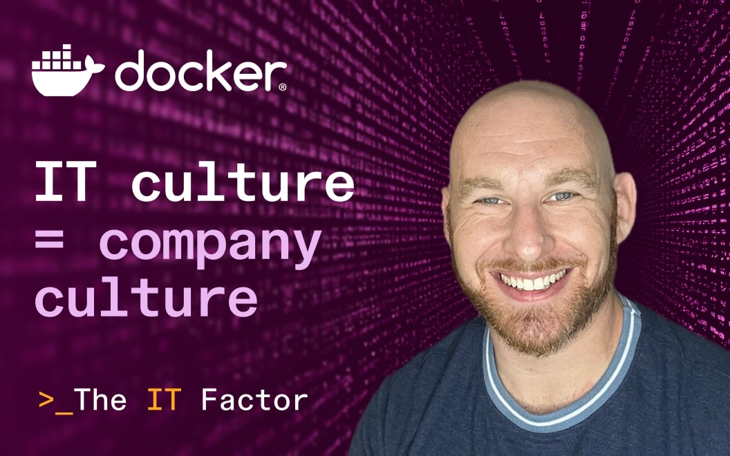 Headshot of Jeffrey Strauss, Director of IT and Operations at Docker, with the Docker logo in the top left and the words "IT culture = company culture" in the bottom left.