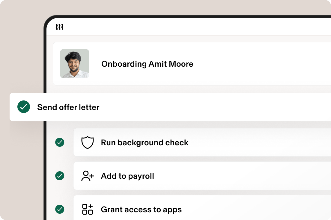 Tablet showing a screen in Rippling titled Onboarding Amit Moore with steps including send offer letter, run background check, add to payroll, and grant access to apps