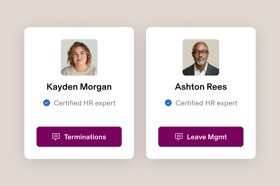 Two cards, each showing an Certified HR expert. One is for Kayden Morgan, an expert in Terminations. The other is Ashton Rees, an expert in Leave Management.