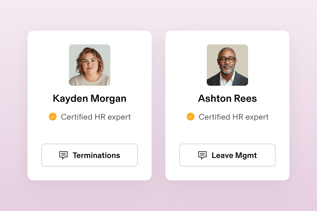 Two cards, each showing an Certified HR expert. One is for Kayden Morgan, an expert in Terminations. The other is Ashton Rees, an expert in Leave Management.