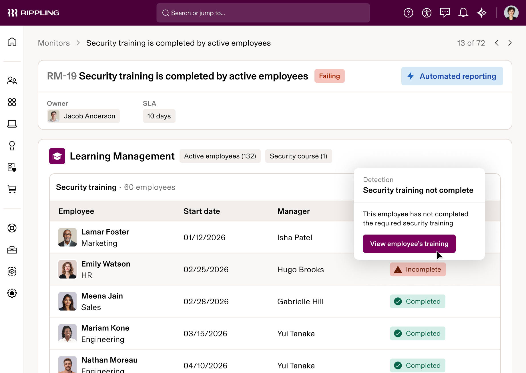 Rippling dashboard showing security training compliance status with employee list, completion dates, and notification of incomplete training.