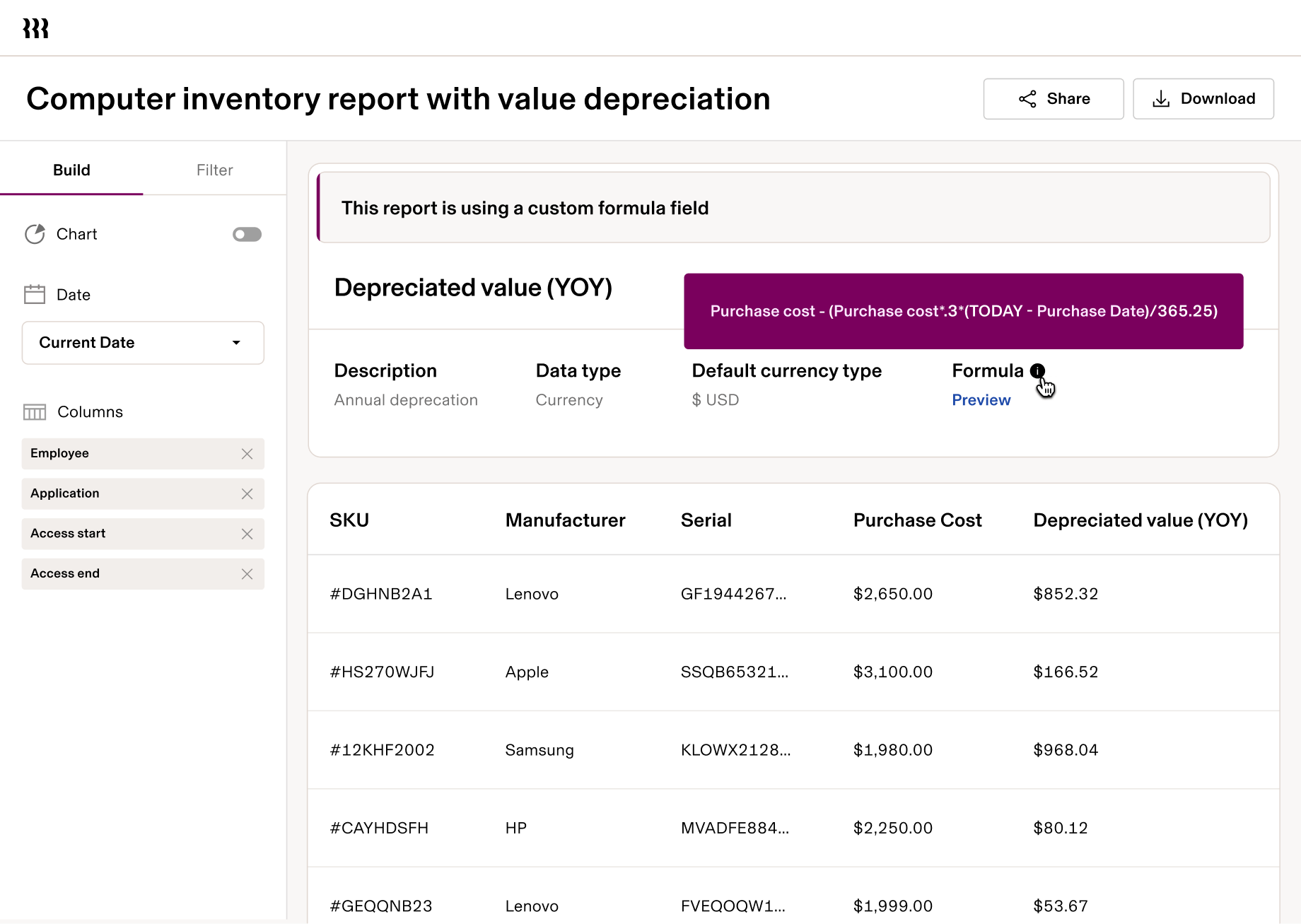 Computer inventory report with value depreciation