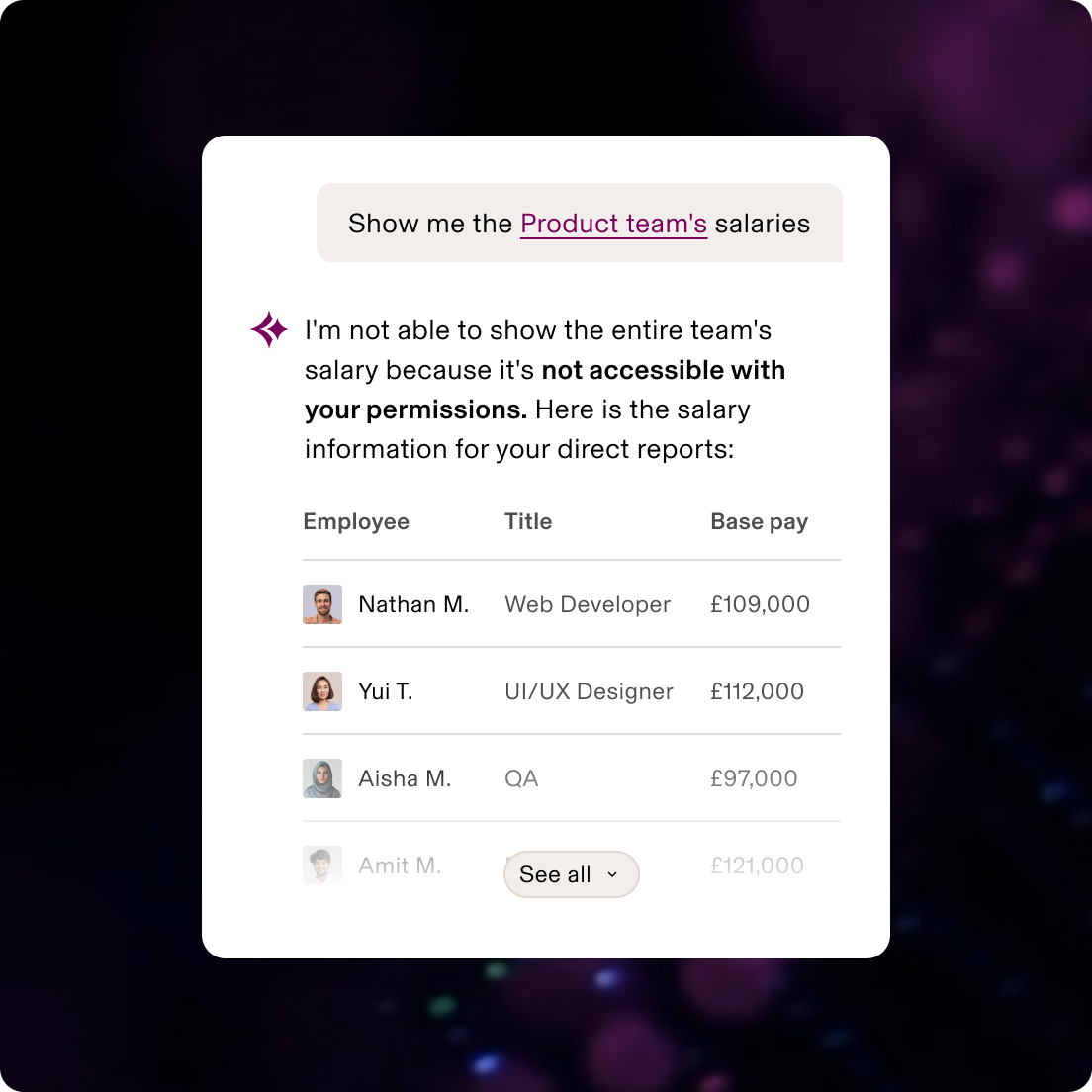 Interface showing limited access to Product team salaries, displaying only direct reports with their roles and base pay