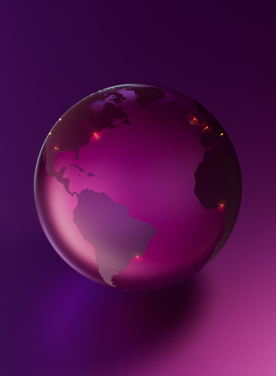 Glossy purple globe showing Earth's continents with small glowing red connection points against a deep purple background.