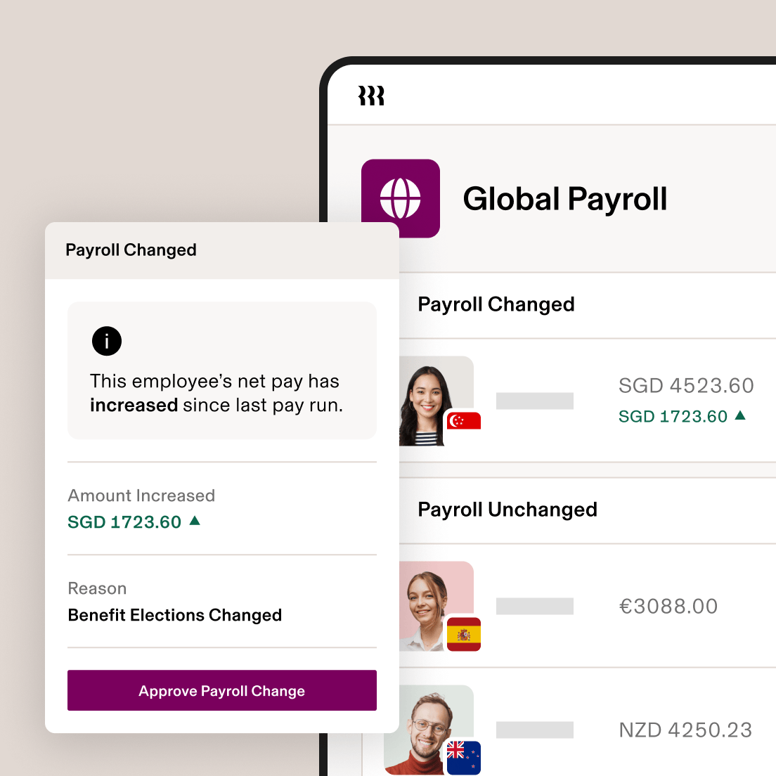 Global payroll dashboard showing a pay increase notification for a Singapore employee due to benefit changes.