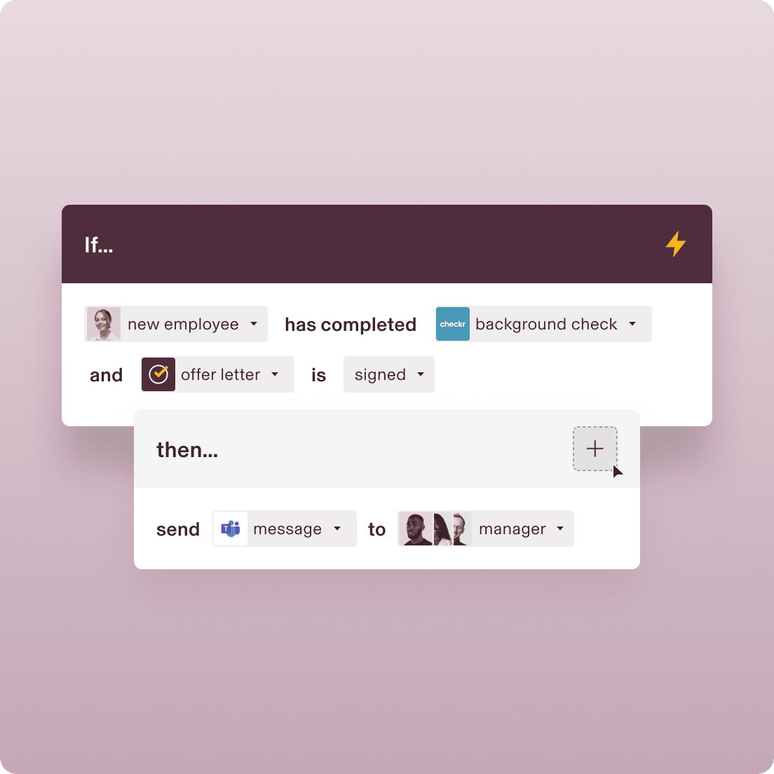 Workflow interface showing new employee onboarding automation with completed background check and signed offer letter.