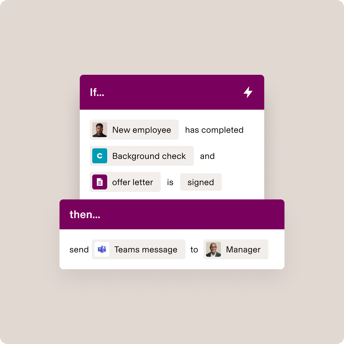 Interface de workflow sur laquelle est affichée l’automatisation de l’onboarding du nouveau collaborateur avec la vérification des antécédents terminée et la lettre d’offre d’emploi signée.