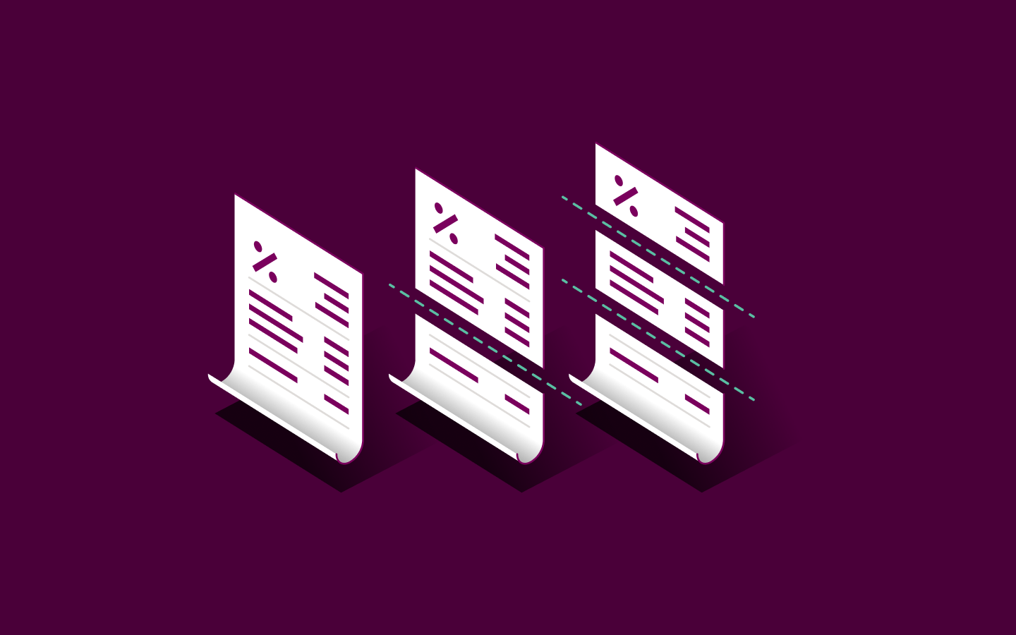 Three white document icons with percentage symbols arranged in isometric view against a deep purple background.