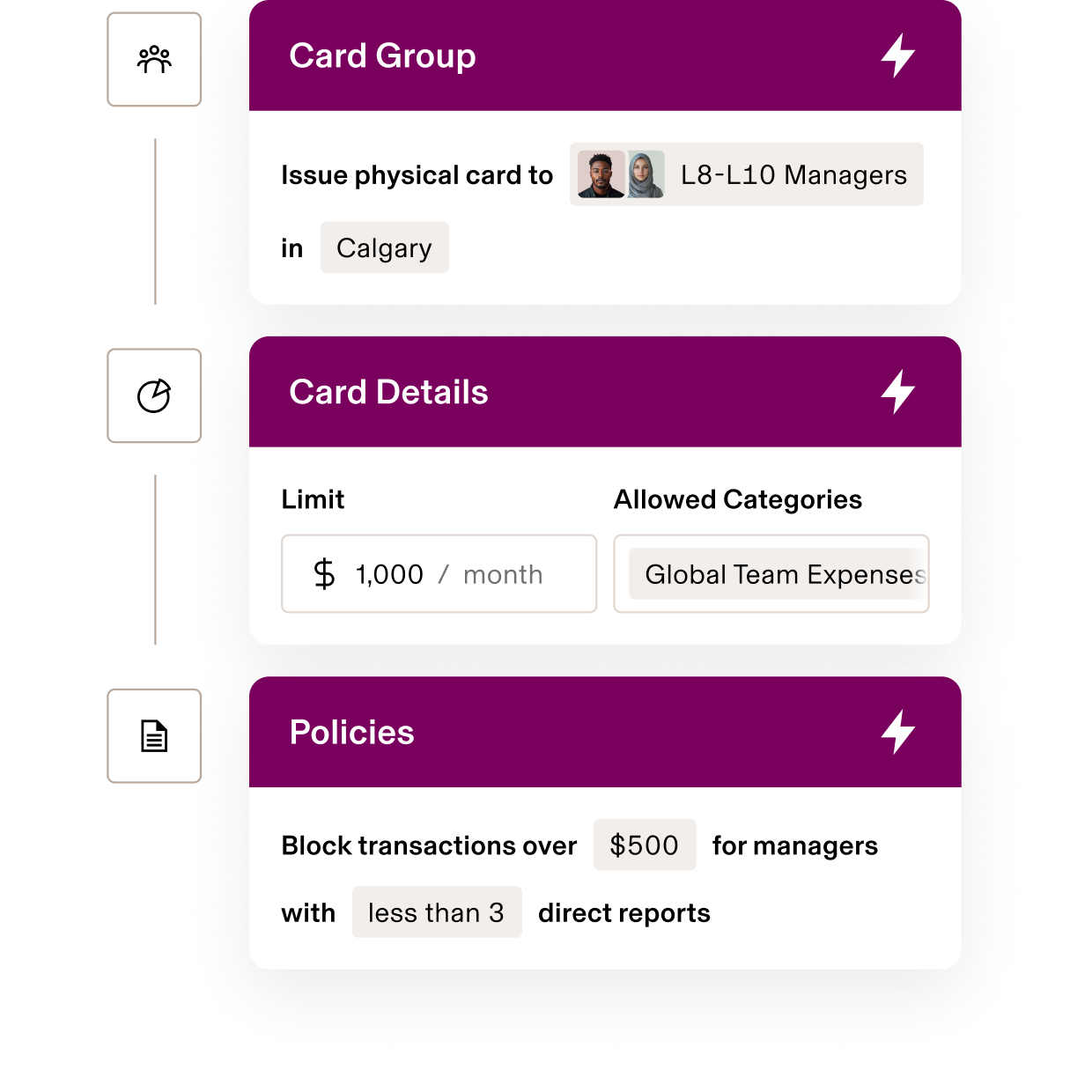 Corporate card management interface showing settings for L8-L10 managers in Chicago with $1,000 monthly limit for team expenses.