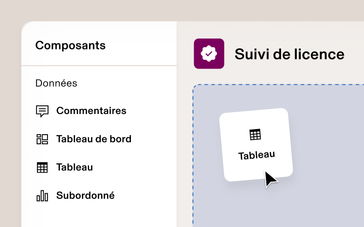 Illustration de l’interface glisser-déposer de Studio des applis dans Rippling présentant un curseur en train de glisser-déposer un composant pour créer une application personnalisée nommée « Outil de suivi des licences »