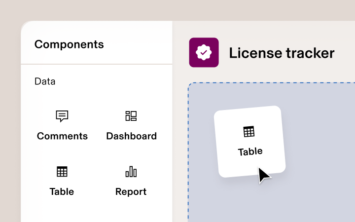 Illustration of the App Studio drag-and-drop interface in Rippling showing a cursor dragging a component to build a custom app labelled "License tracker"