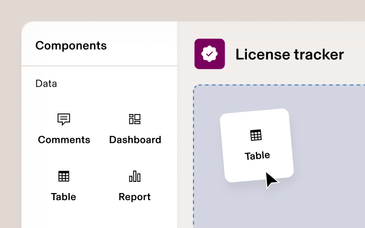 Illustration of the App Studio drag-and-drop interface in Rippling showing a cursor dragging a component to build a custom app labeled "License tracker"