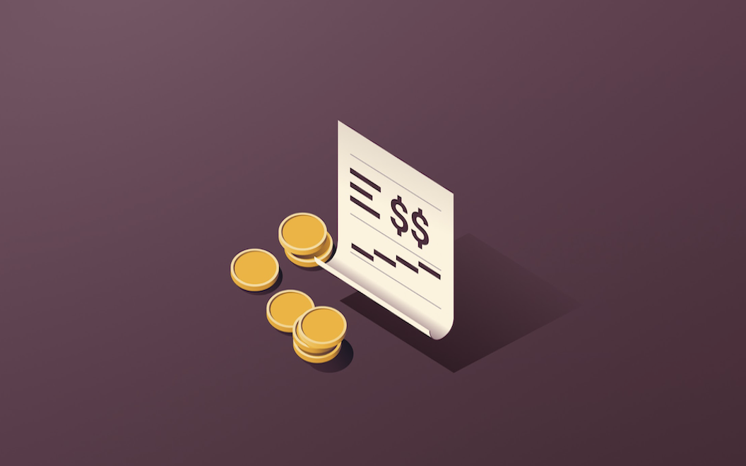 Graphic illustration of an expense report with dollar signs and gold coins