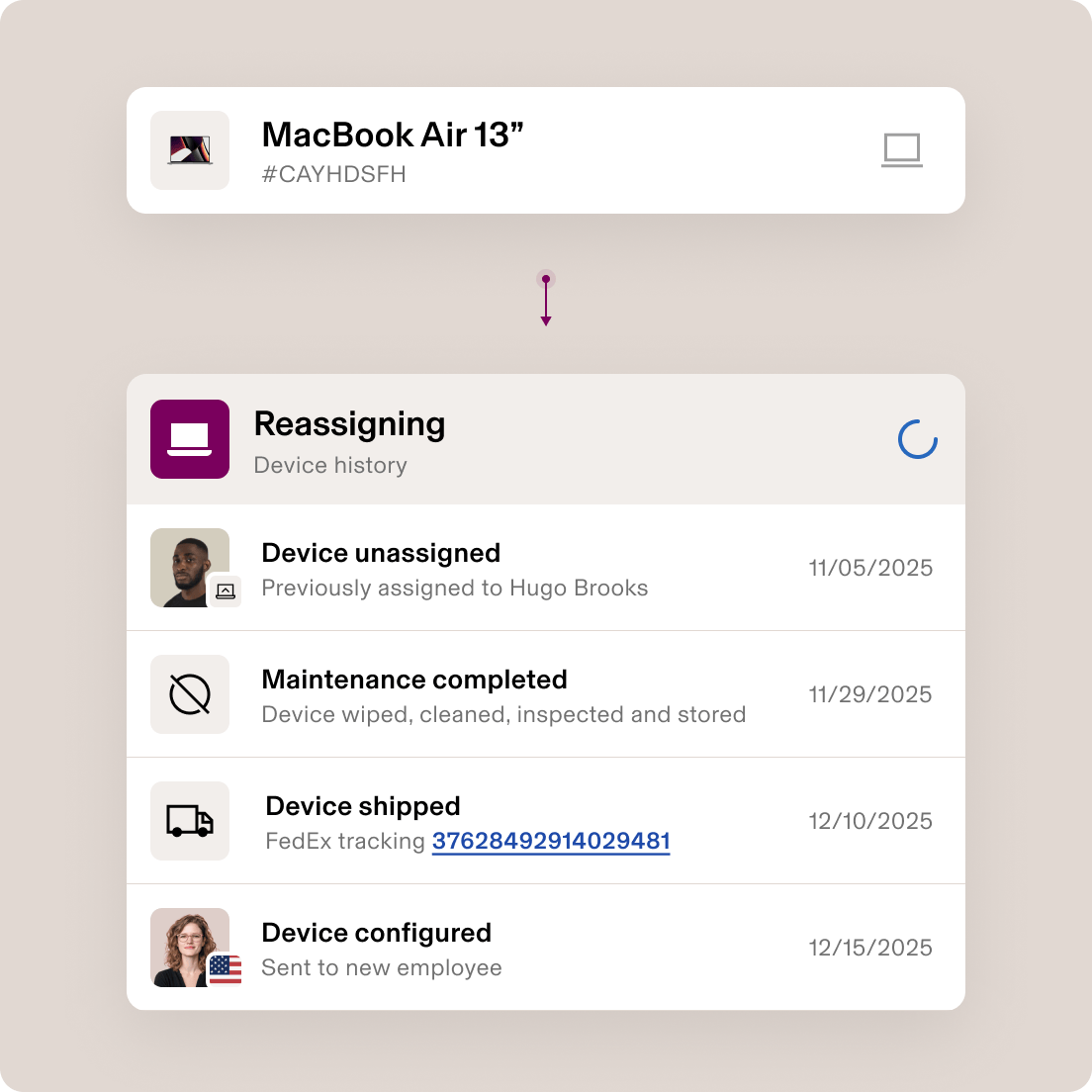 Workflow interface showing device upgrade automation that emails employees and notifies IT when devices are over 3 years old.