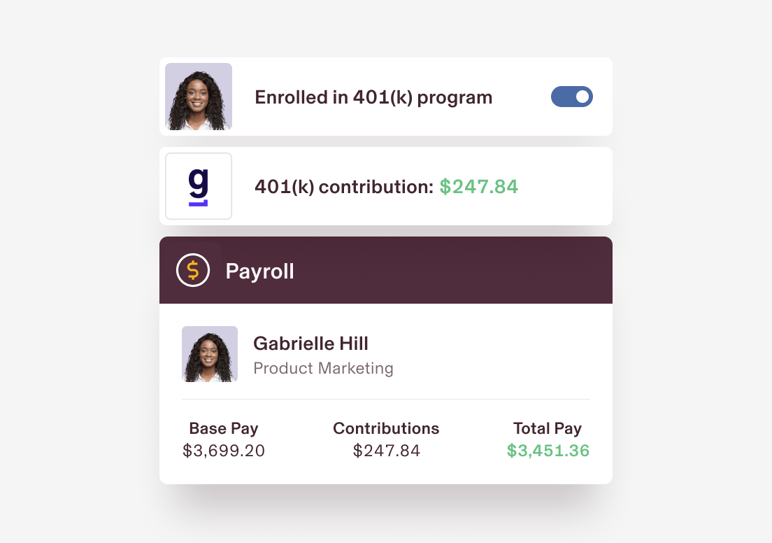 Employee payroll interface showing 401(k) enrollment status, contribution of $247.84, and salary breakdown for Product Marketing.