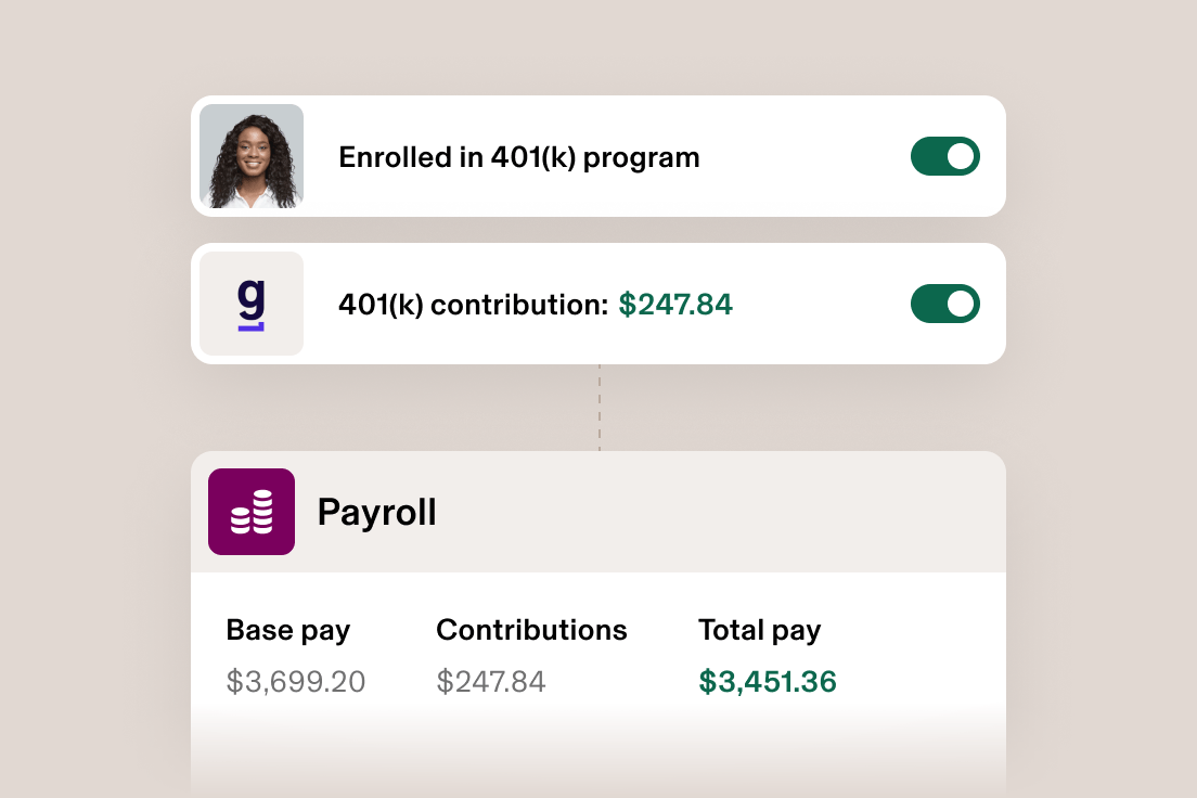 Employee payroll interface showing superannuation fund enrolment status, contribution of $247.84, and salary breakdown for Product Marketing.
