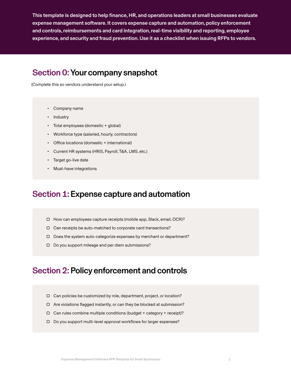 Expense management software RFP tempalte for small businesses