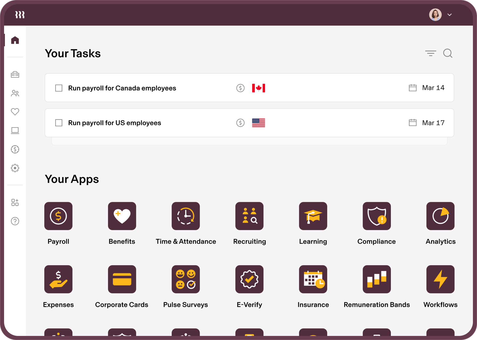 Screenshot of the tasks and apps dashboard in Rippling on a tablet