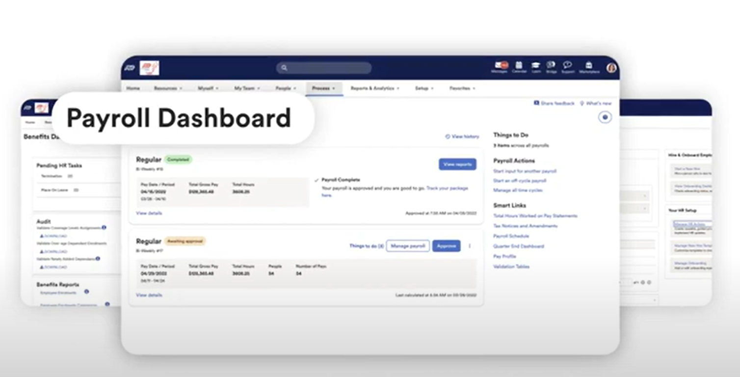 Payroll dashboard interface showing completed and pending payroll information with action items and payment details.