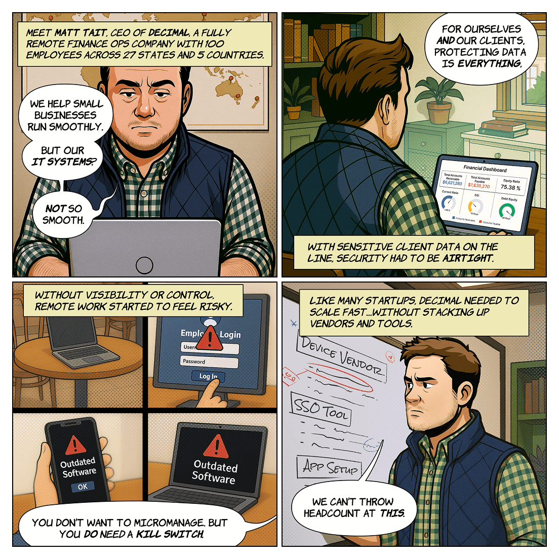Seven-panel comic featuring Matt Tait, CEO of Decimal, illustrating his struggles with maintaining security with a large remote workforce before implementing Rippling