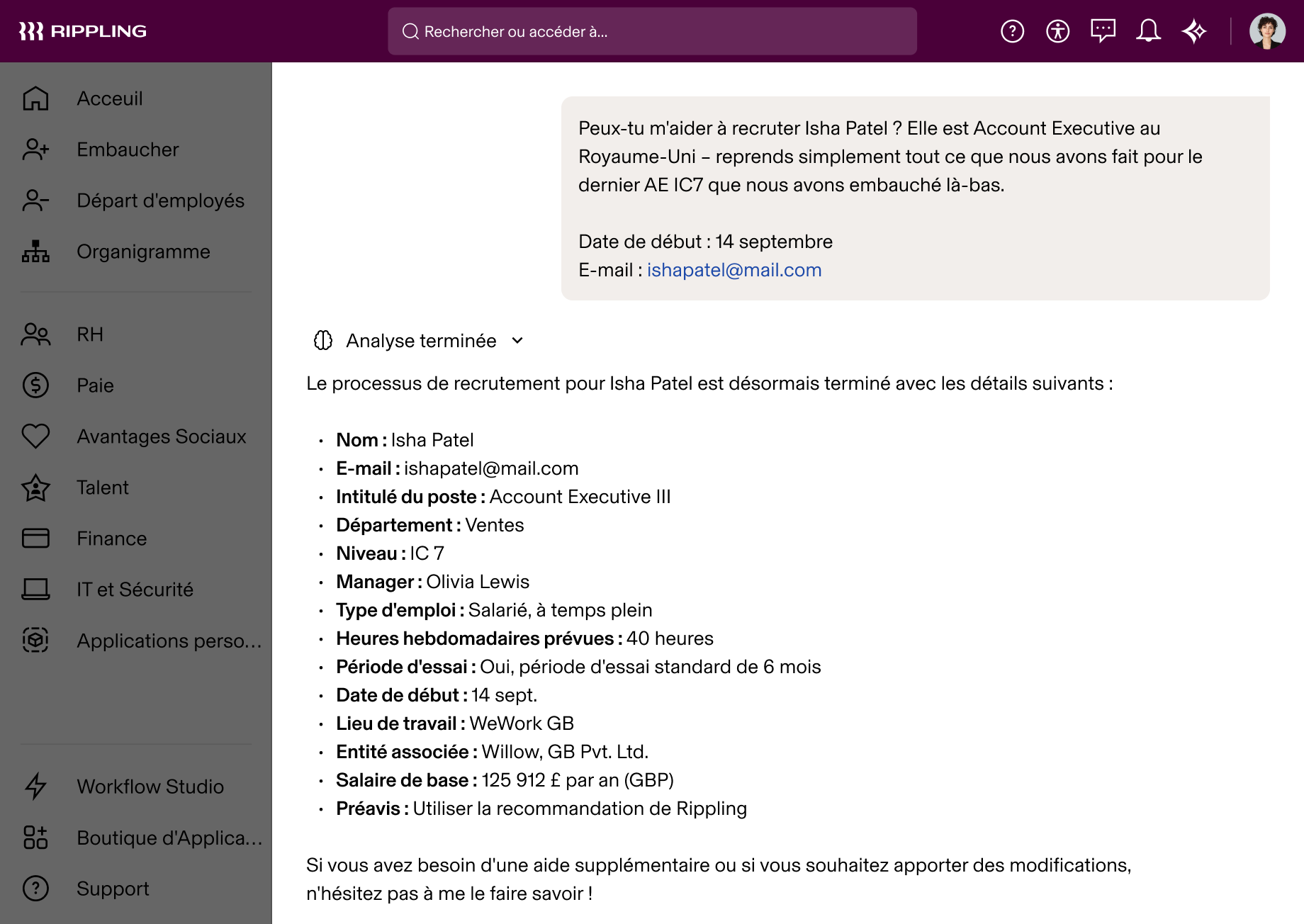 Capture d'écran de Rippling AI montrant les détails d'embauche finalisés pour Isha Patel en tant que chargé de compte au Royaume-Uni, avec les informations de salaire et de date de début
