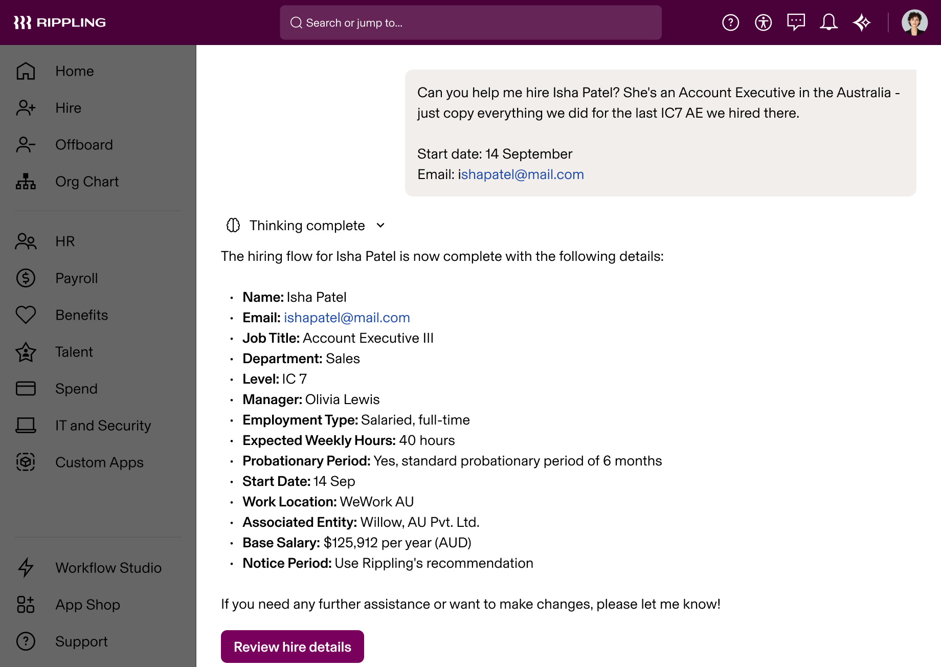 Rippling AI screenshot showing completed hiring details for Isha Patel as Account Executive in UK with salary and start date information