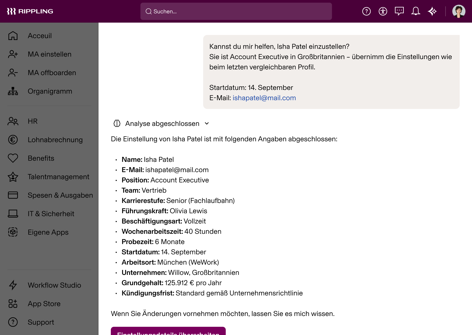Rippling AI – abgeschlossene Einstellung von Isha Patel als Account Executive in Deutschland, inkl. Gehalt und Startdatum