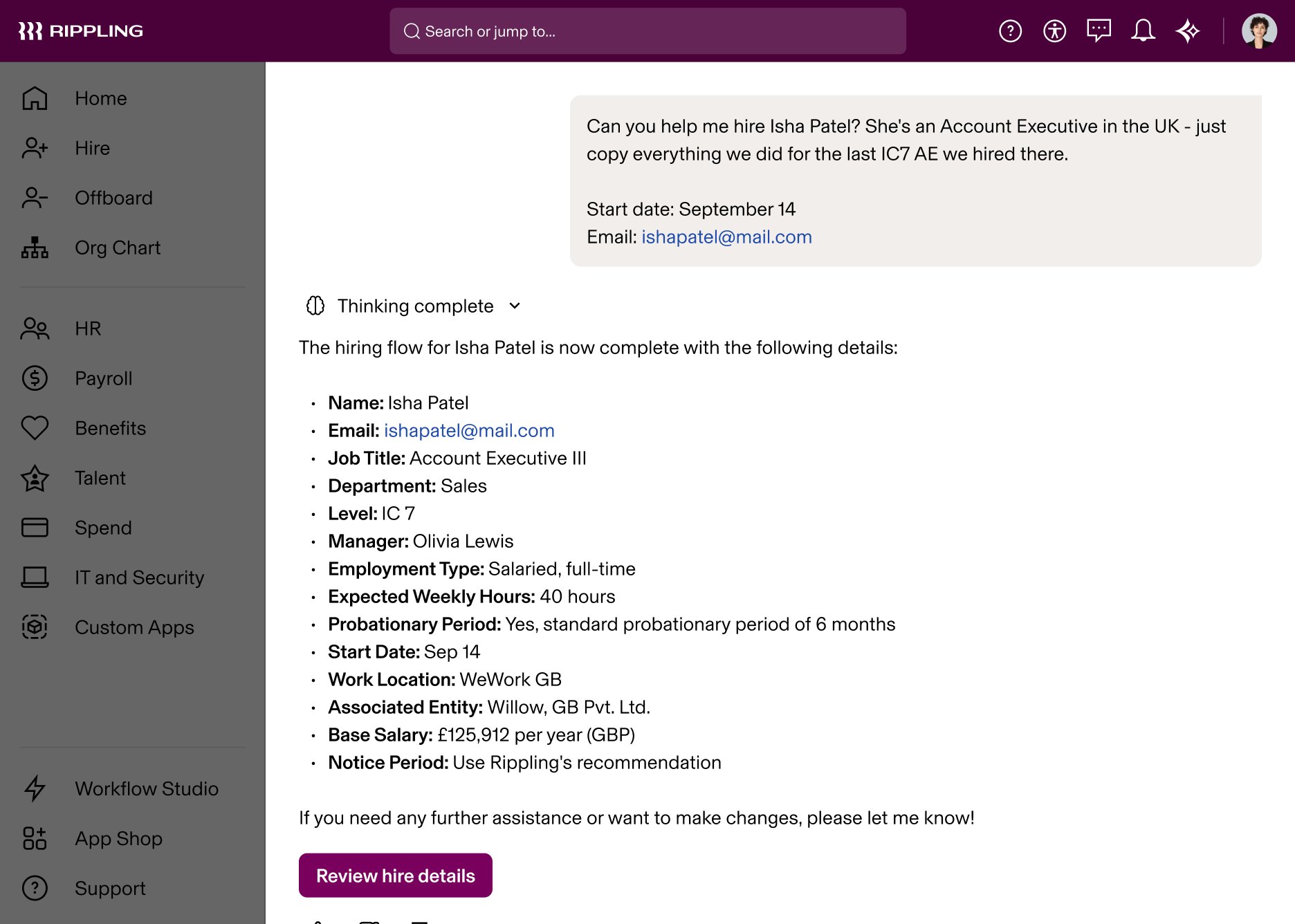 Rippling AI screenshot showing completed hiring details for Isha Patel as Account Executive in UK with salary and start date information