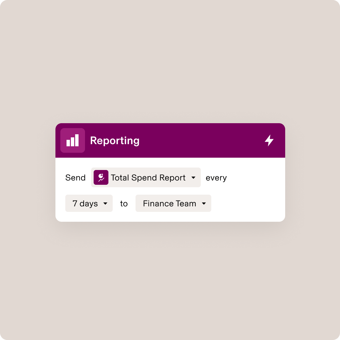 Interface de création de rapport sur laquelle est affiché le rapport sur les dépenses totales, planifié tous les 7 jours pour l’équipe Finances.