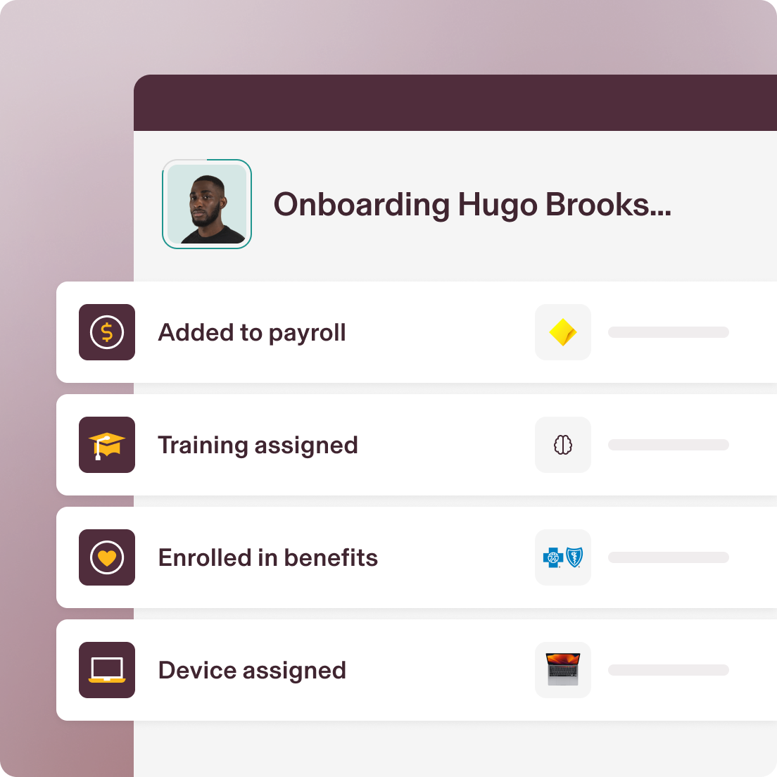 UI image showing the steps in the onboarding process in Rippling: Added to payroll, Training assigned, Enrolled in benefits, and Device assigned