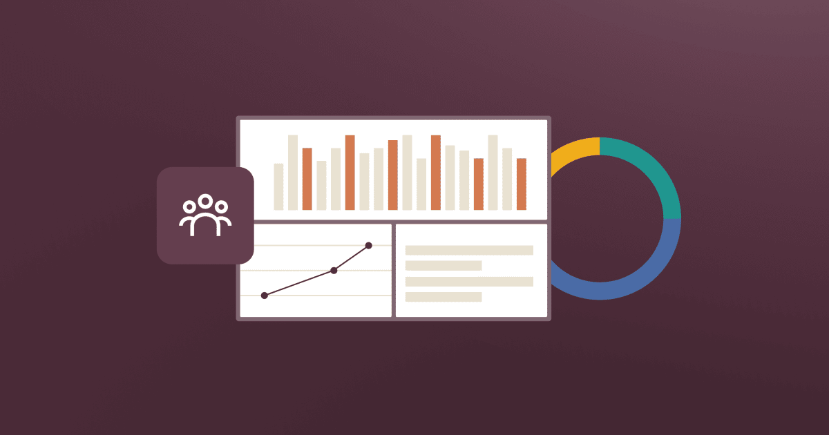 Graphic illustration of an icon representing three employees overlapping a bar chart, line chart, and pie chart