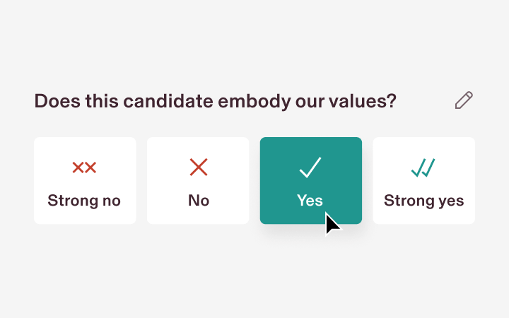 Graphic that says does this candidate embody our values with strong no, no, yes, and strong yes options