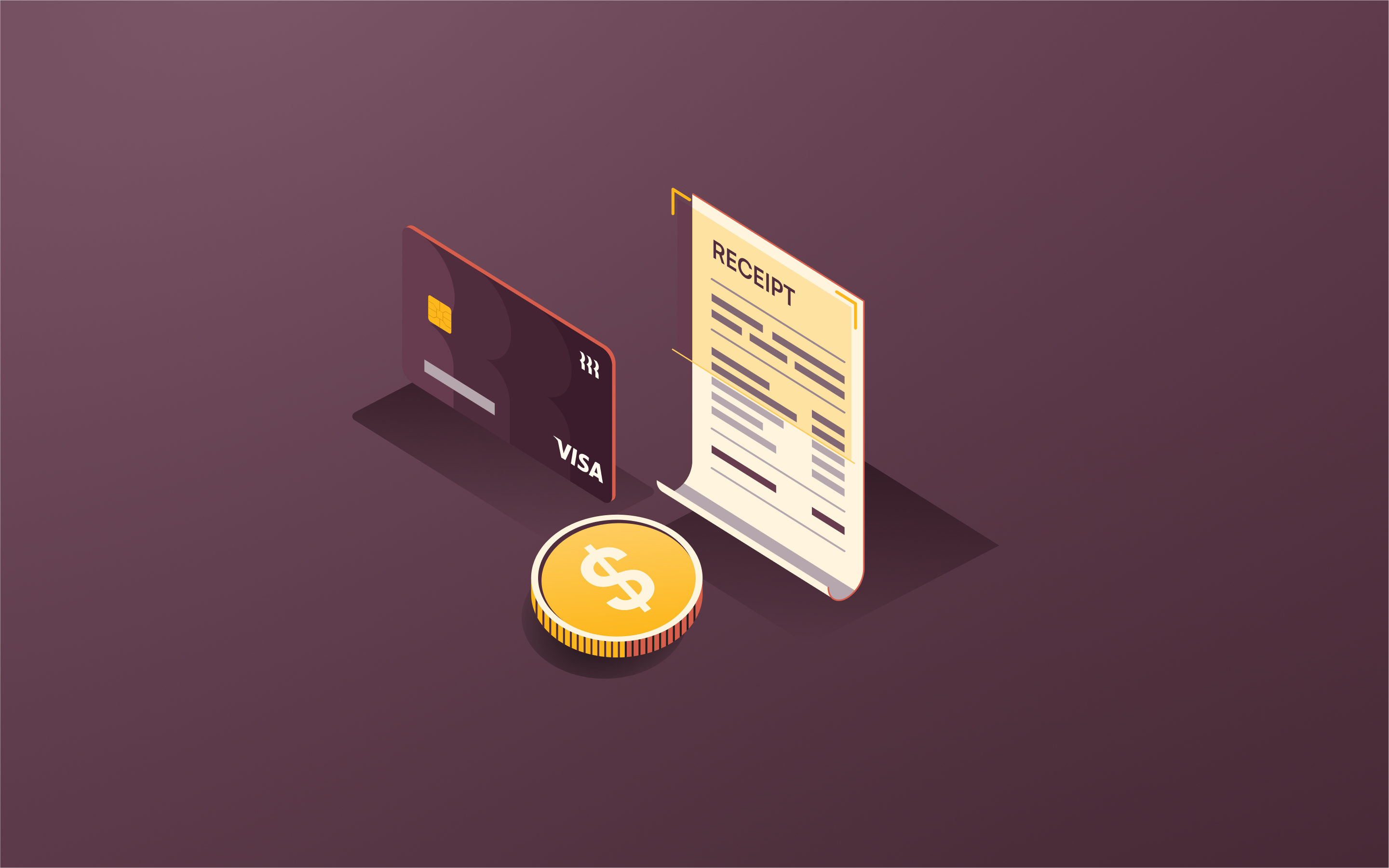 Graphic with a credit card, receipt, and coin. 