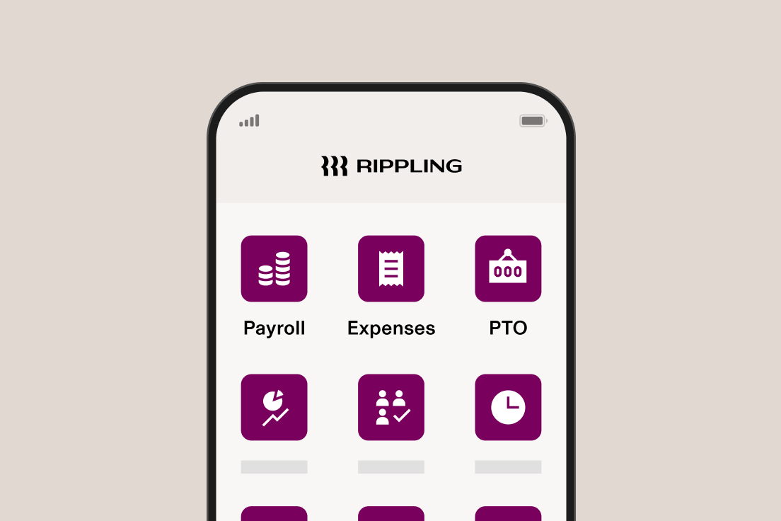 Smartphone displaying Rippling HR app interface with purple icons for Payroll, Expenses, PTO, and other business functions.