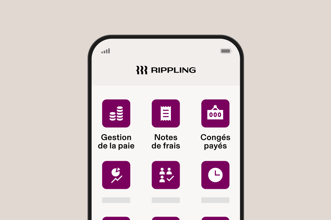 Smartphone sur lequel est affichée l’interface d’application RH de Rippling avec des icônes violettes pour la gestion de la paie, les dépenses, les congés payés et d’autres fonctions commerciales.