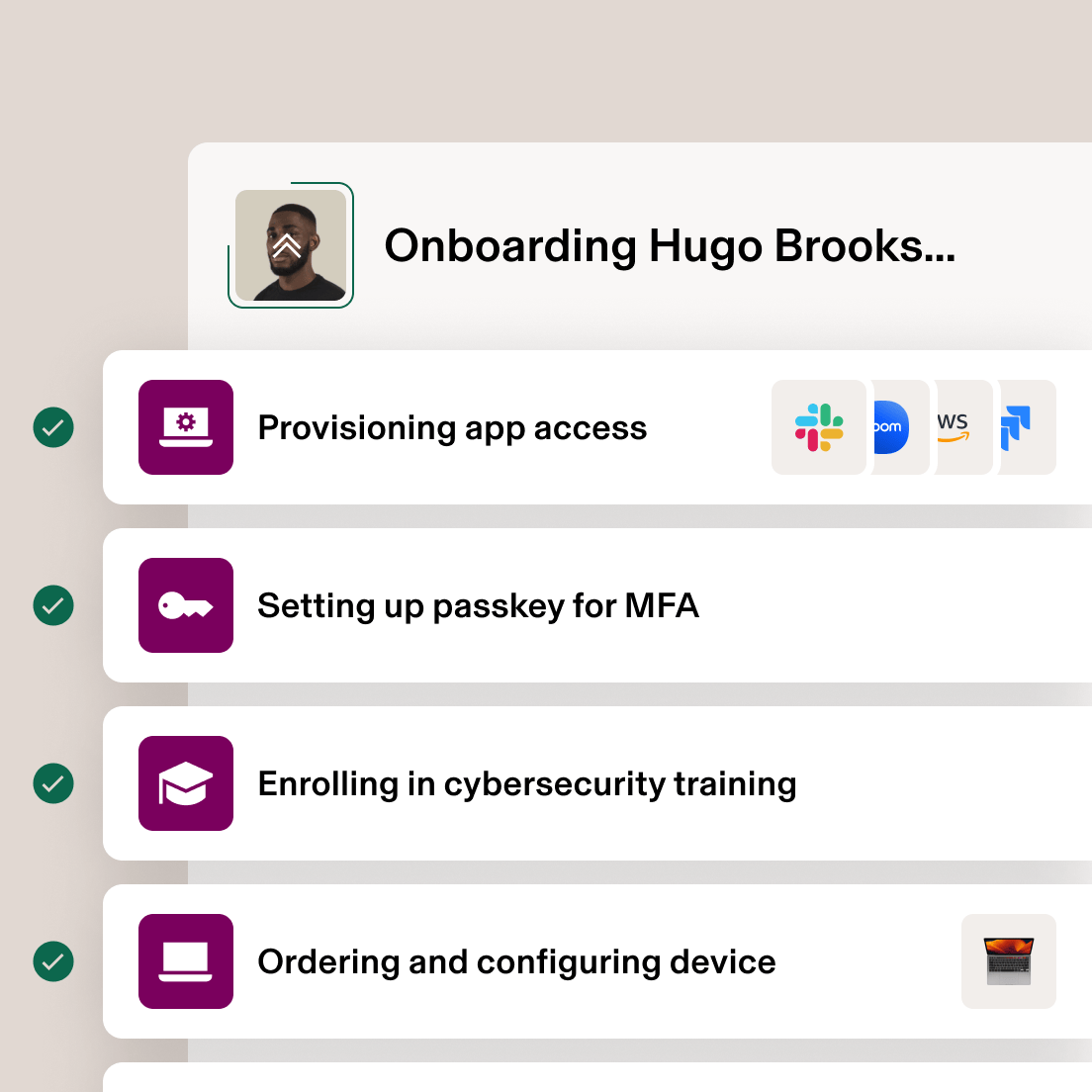 Employee onboarding checklist showing completed tasks: app access, passkey setup, cybersecurity training, and device configuration.