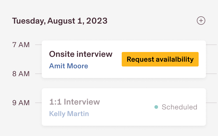 Screenshot of a calendar with an event titled onsite interview and a button that says request availability